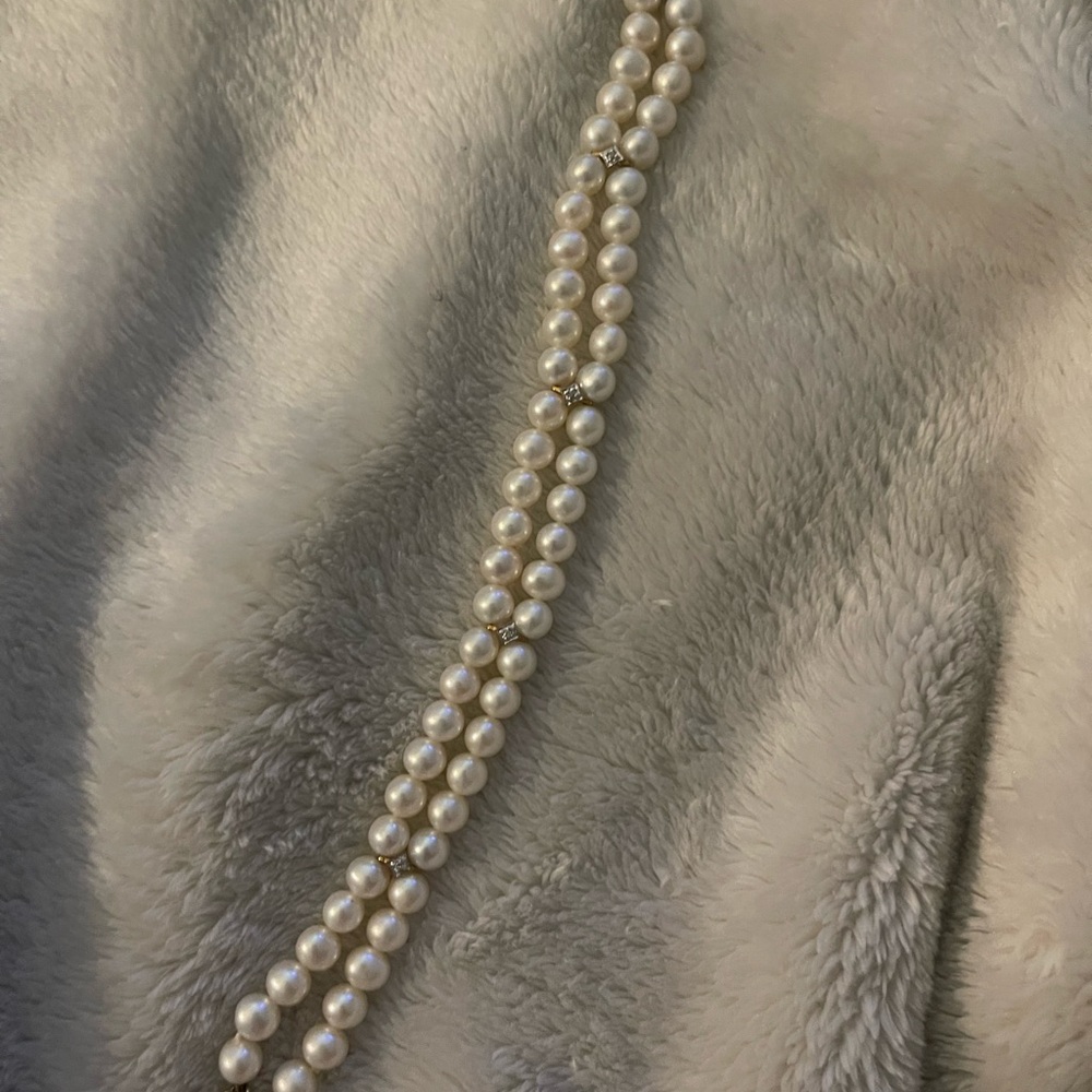 Zales 14k gold double pearl bracelet w/ diamond connectors